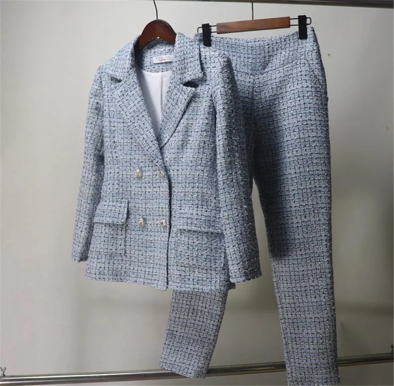 Womens Designer Inspired Custom Made Check Pattern Blue Tweed Blazer   Trousers Suit