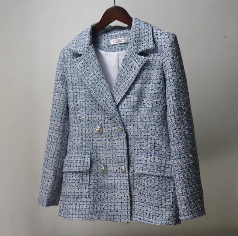 Womens Designer Inspired Custom Made Check Pattern Blue Tweed Blazer   Trousers Suit