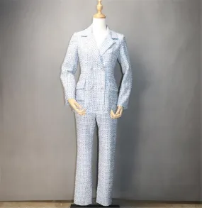 Womens Designer Inspired Custom Made Check Pattern Blue Tweed Blazer   Trousers Suit