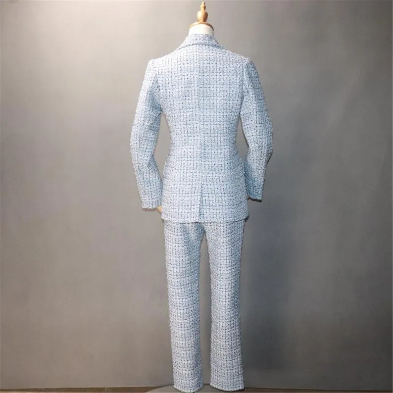 Womens Designer Inspired Custom Made Check Pattern Blue Tweed Blazer   Trousers Suit