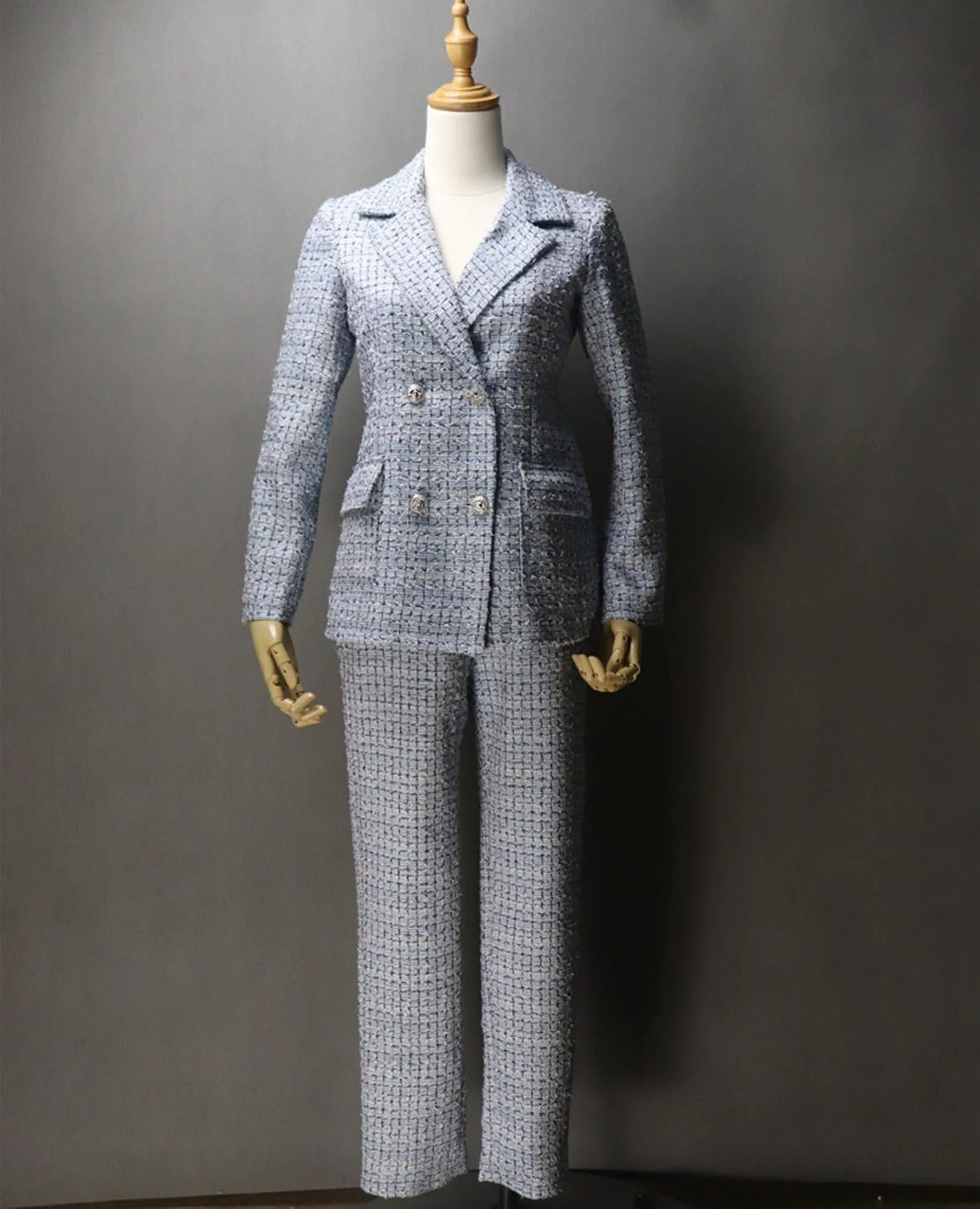 Womens Designer Inspired Custom Made Check Pattern Blue Tweed Blazer   Trousers Suit