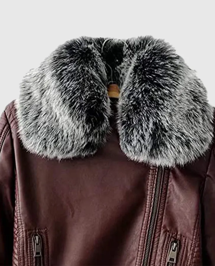 Women's Faux Fur Quilted Moto Maroon Jacket