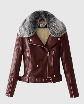 Women's Faux Fur Quilted Moto Maroon Jacket