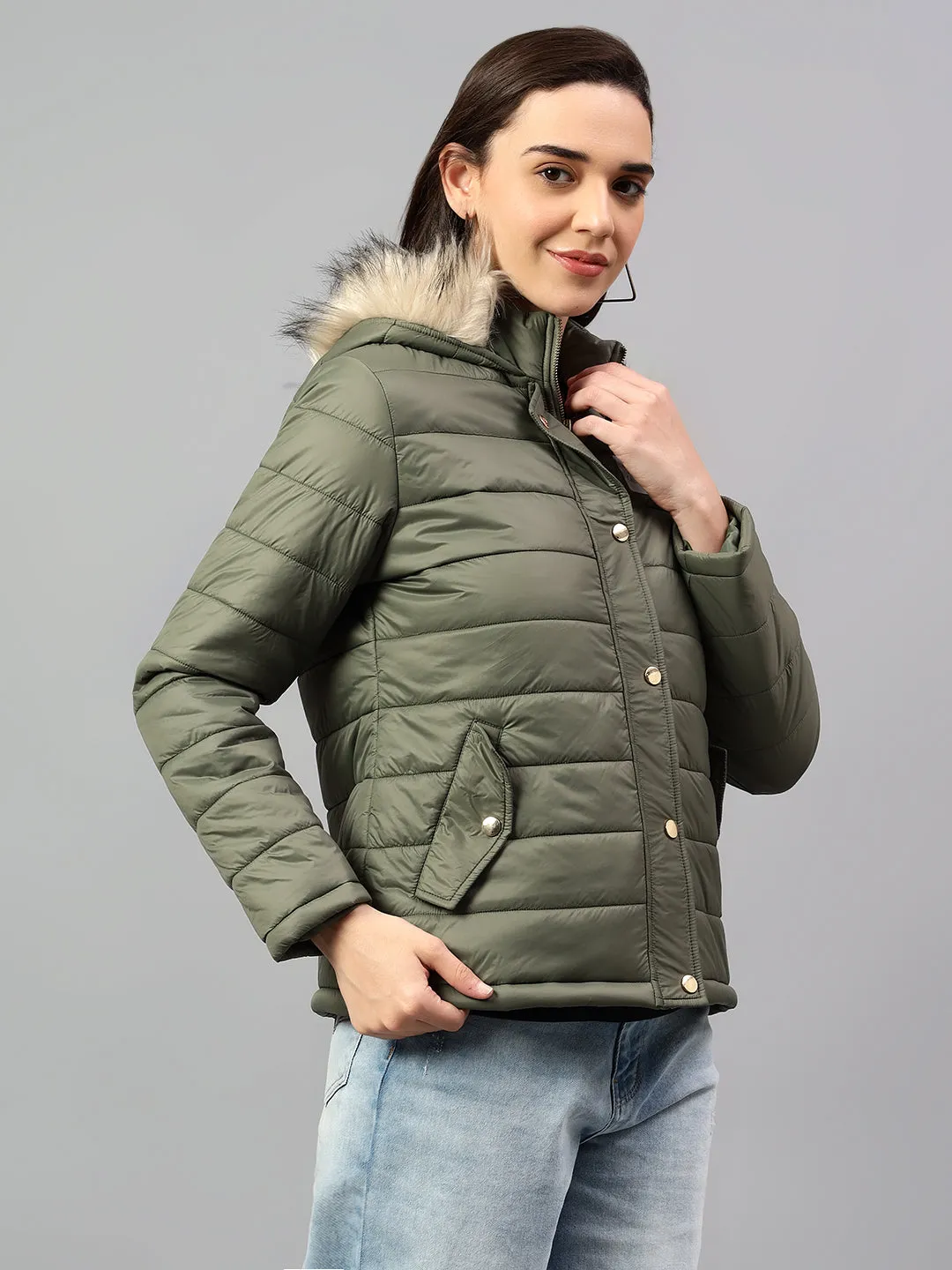 Women's Olive Green Solid Full Sleeves Winter Jacket