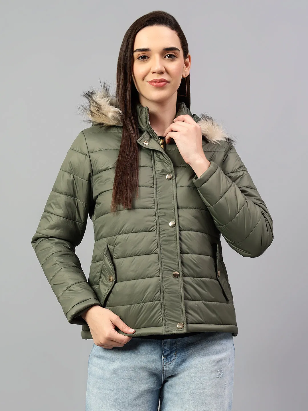 Women's Olive Green Solid Full Sleeves Winter Jacket