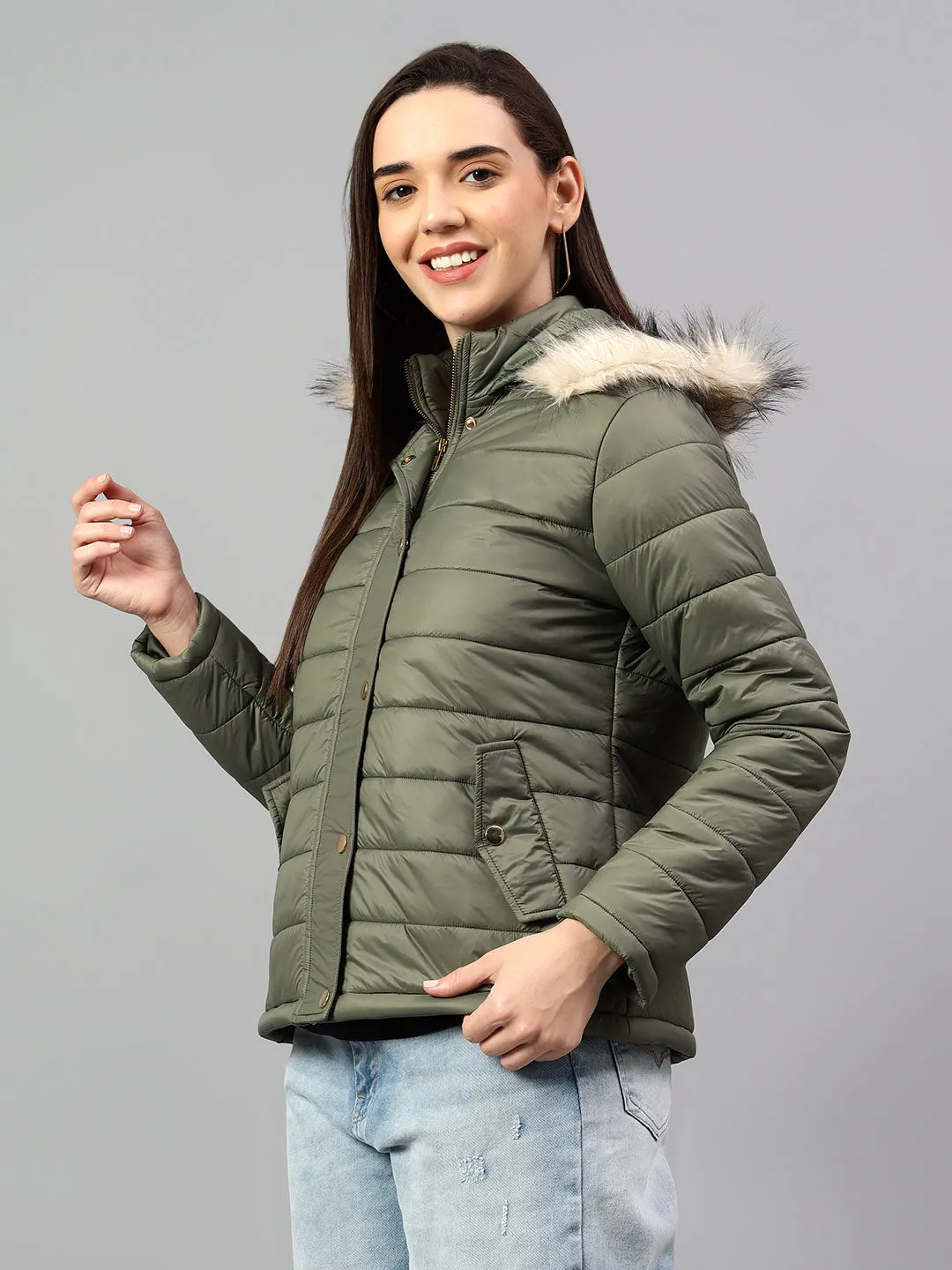 Women's Olive Green Solid Full Sleeves Winter Jacket