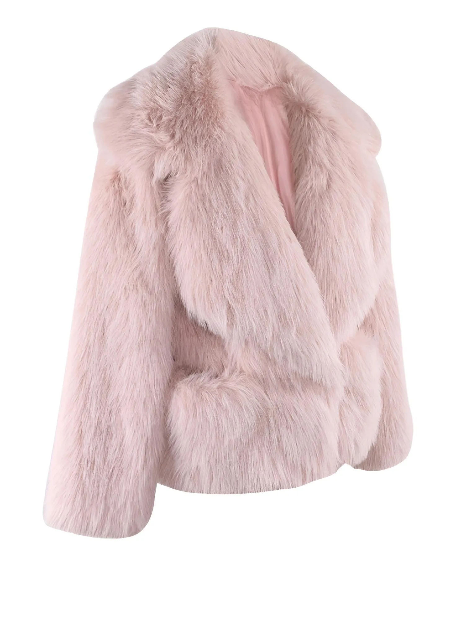 Women's Short Pink Faux Fur Coat With Big Collar and Pockets Fluffy Jacket For Women