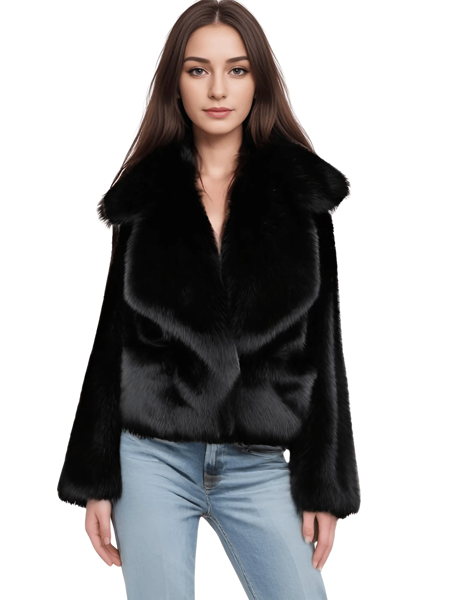 Women's Short Pink Faux Fur Coat With Big Collar and Pockets Fluffy Jacket For Women