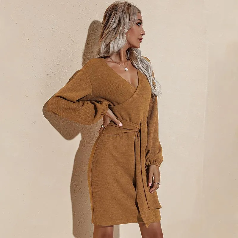 Women's Sweater Dress Sexy V Neck Long Sleeve Mini Dresses