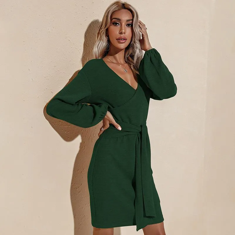 Women's Sweater Dress Sexy V Neck Long Sleeve Mini Dresses