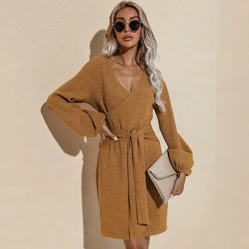 Women's Sweater Dress Sexy V Neck Long Sleeve Mini Dresses