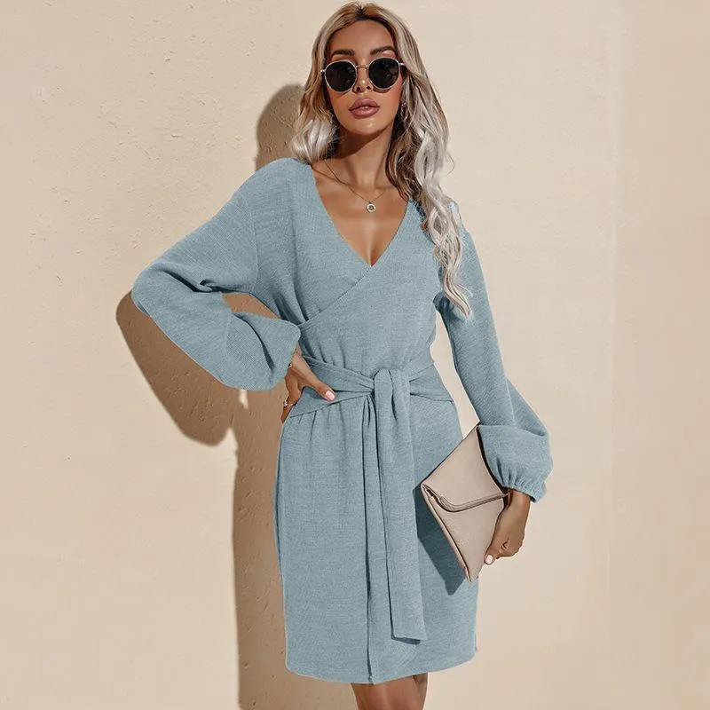 Women's Sweater Dress Sexy V Neck Long Sleeve Mini Dresses