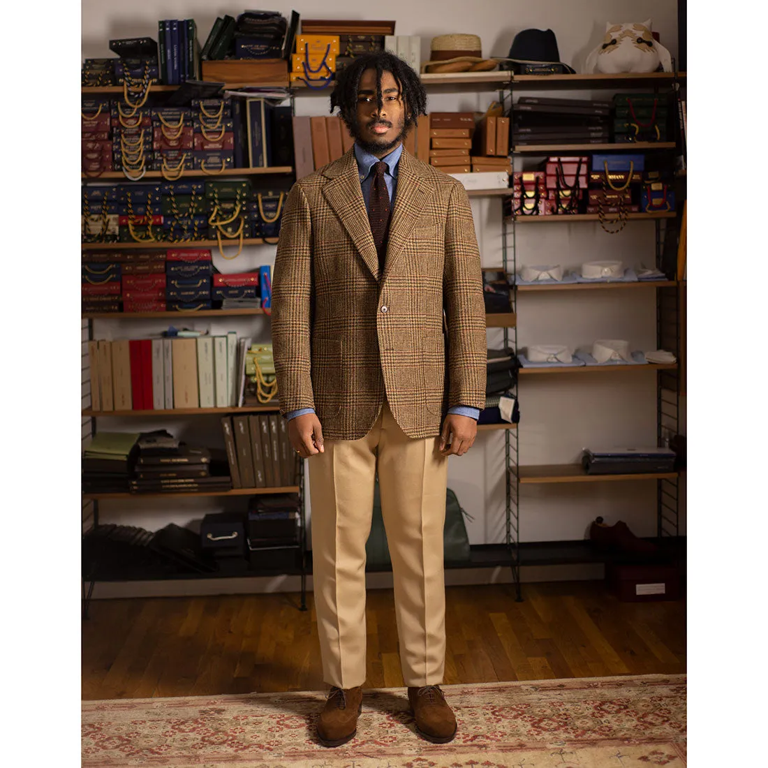 x Sartoria Carrara: Sport coat in Abraham Moon brown and burgundy glencheck tweed 12/13oz