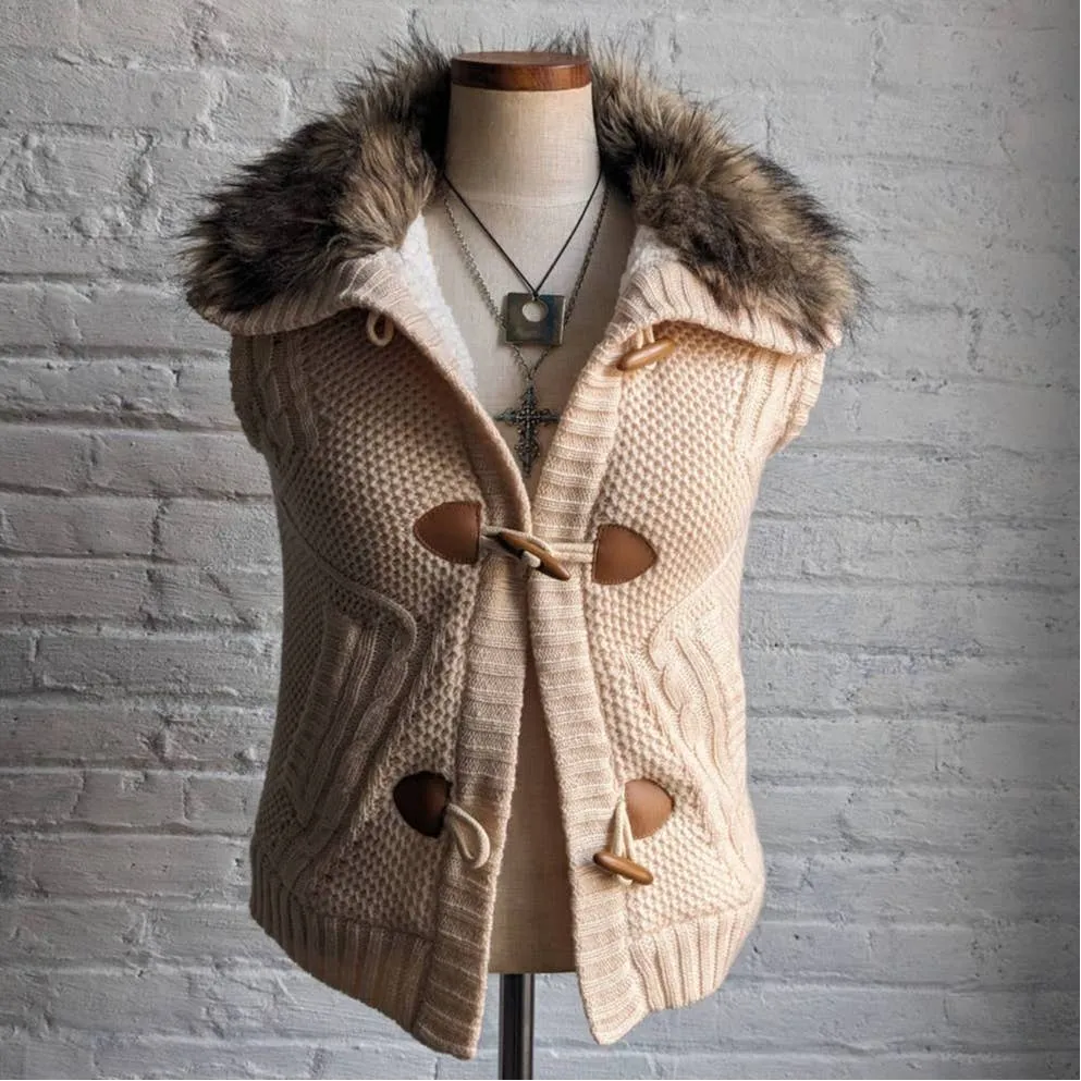 Y2K Furry Minimalist Cable Knit Sherpa Sweater Vest Neutral Boho Ski Bunny Vest