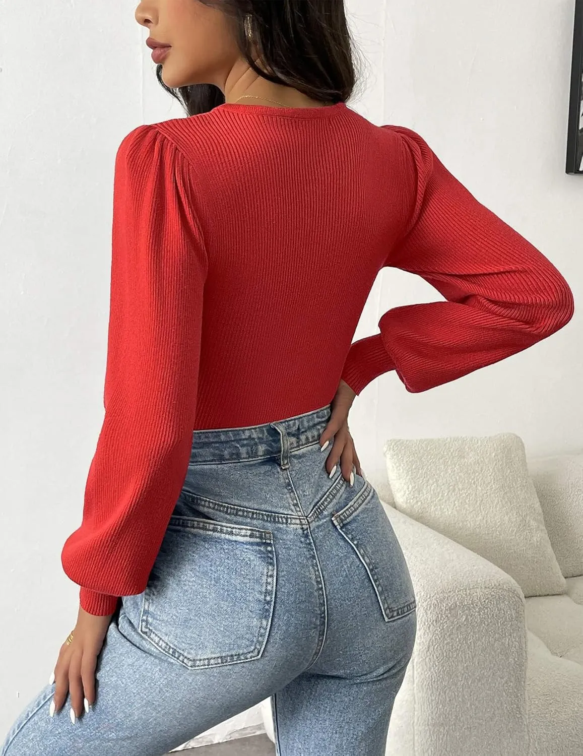 Zeagoo Women Long Puff Sleeve Sweater Slim Fit Ribbed Knit Bodysuit