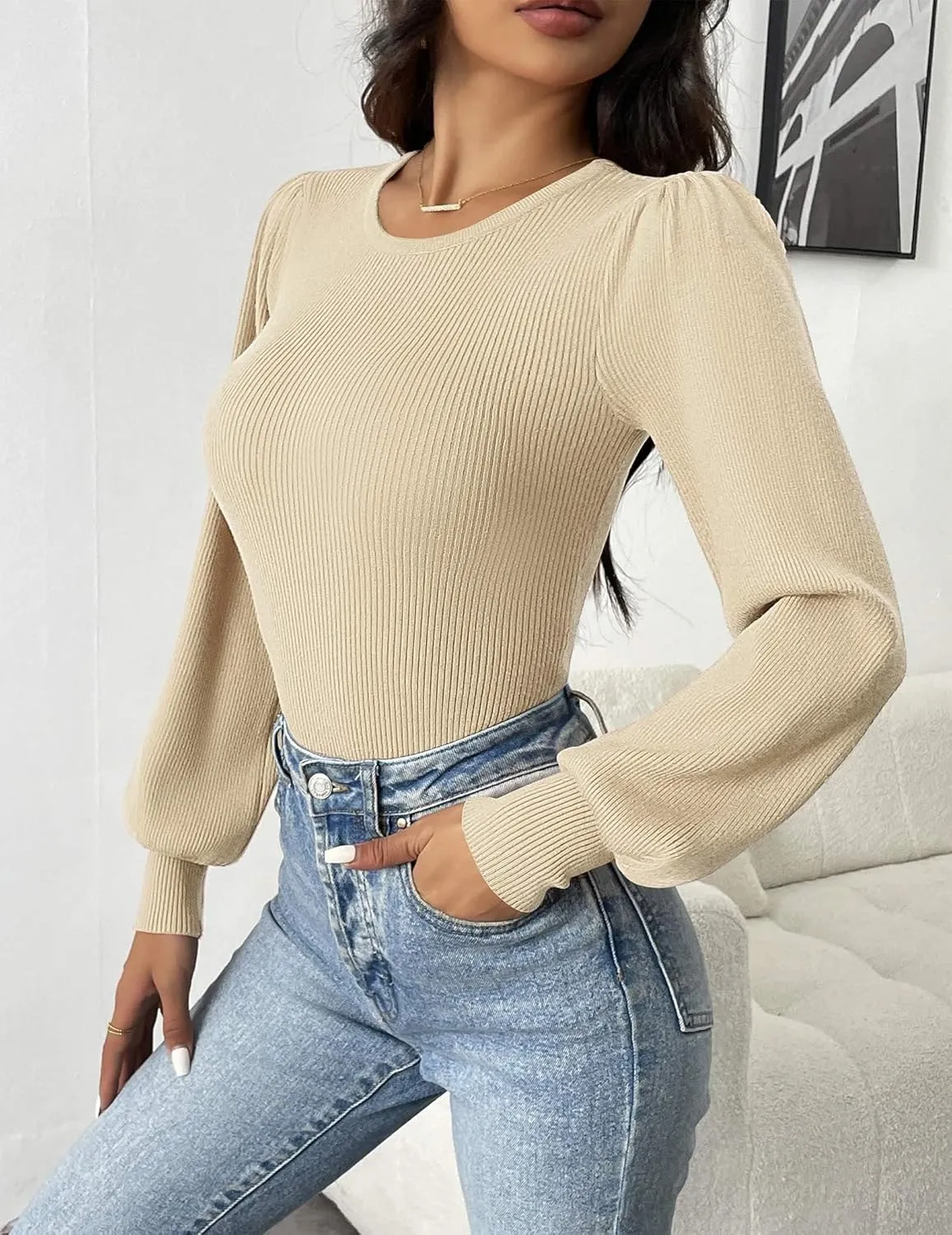 Zeagoo Women Long Puff Sleeve Sweater Slim Fit Ribbed Knit Bodysuit