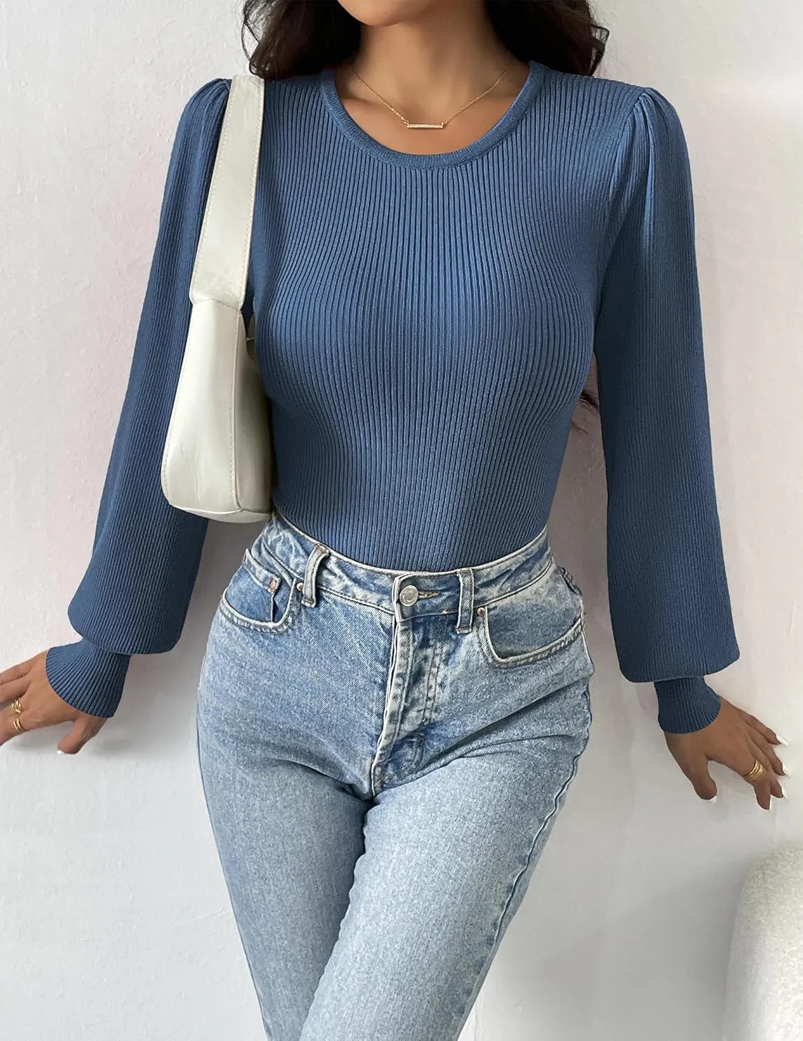 Zeagoo Women Long Puff Sleeve Sweater Slim Fit Ribbed Knit Bodysuit