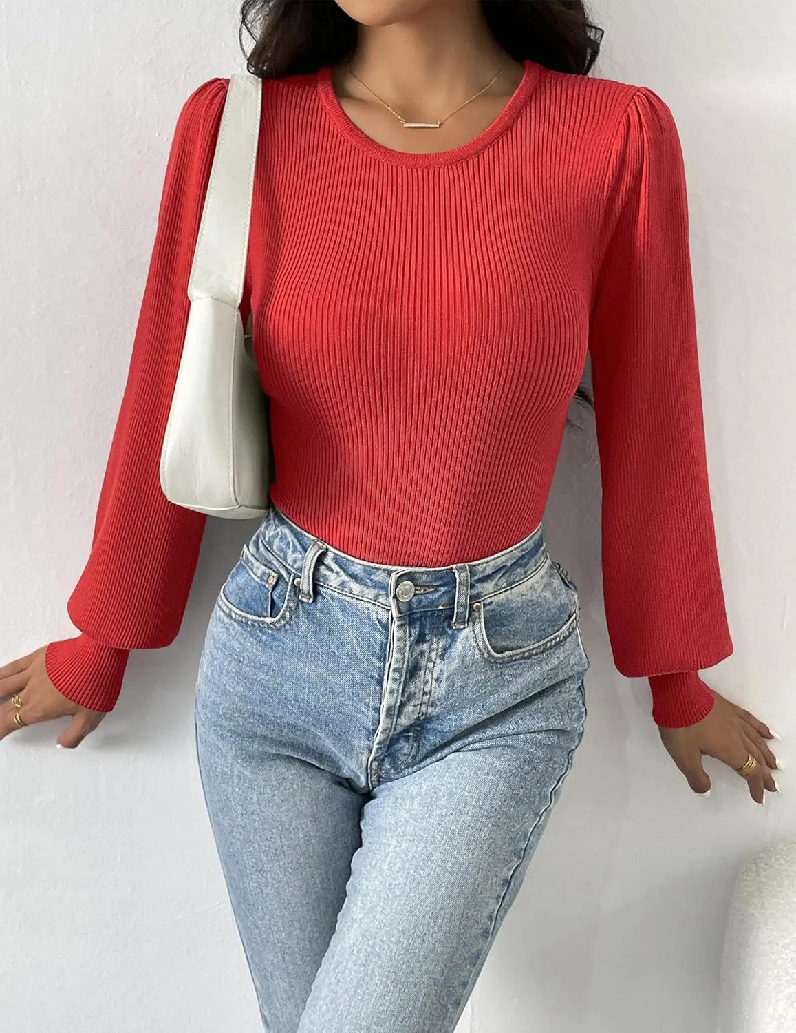 Zeagoo Women Long Puff Sleeve Sweater Slim Fit Ribbed Knit Bodysuit