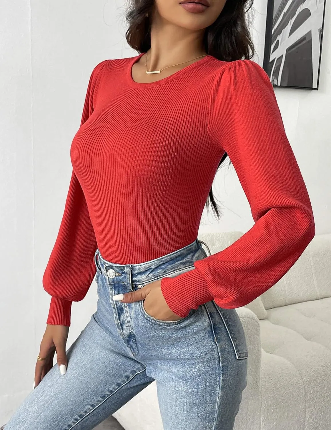 Zeagoo Women Long Puff Sleeve Sweater Slim Fit Ribbed Knit Bodysuit