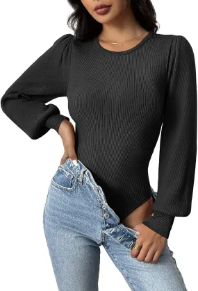 Zeagoo Women Long Puff Sleeve Sweater Slim Fit Ribbed Knit Bodysuit