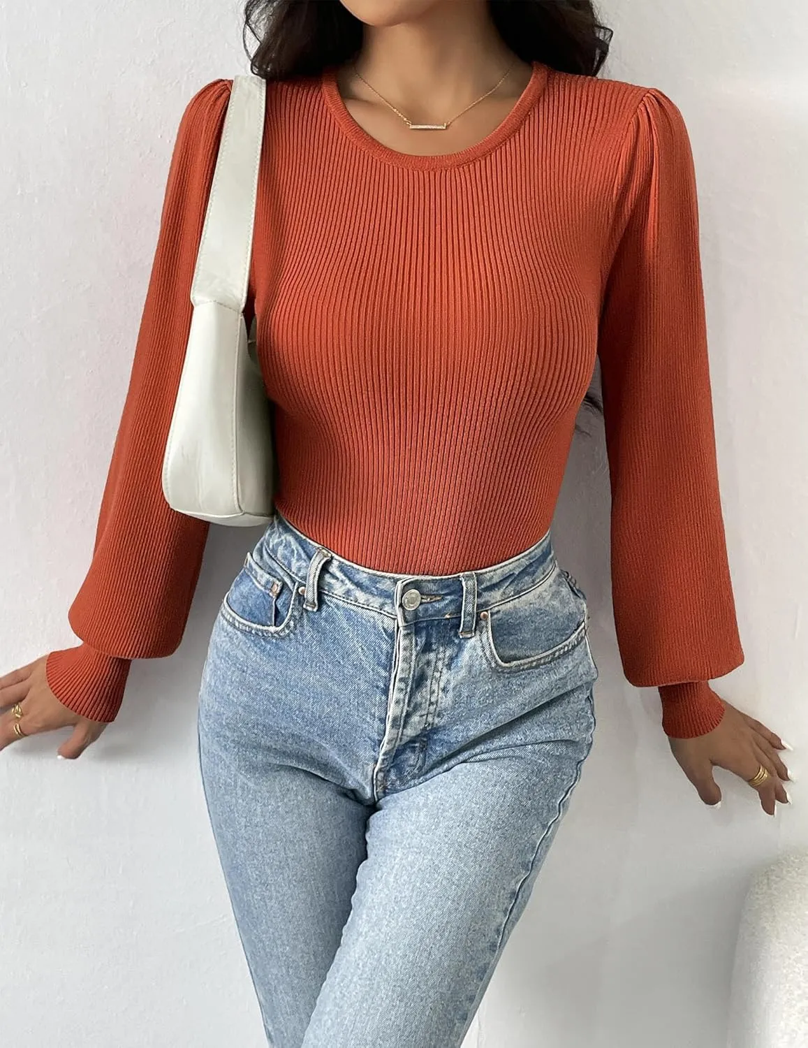 Zeagoo Women Long Puff Sleeve Sweater Slim Fit Ribbed Knit Bodysuit