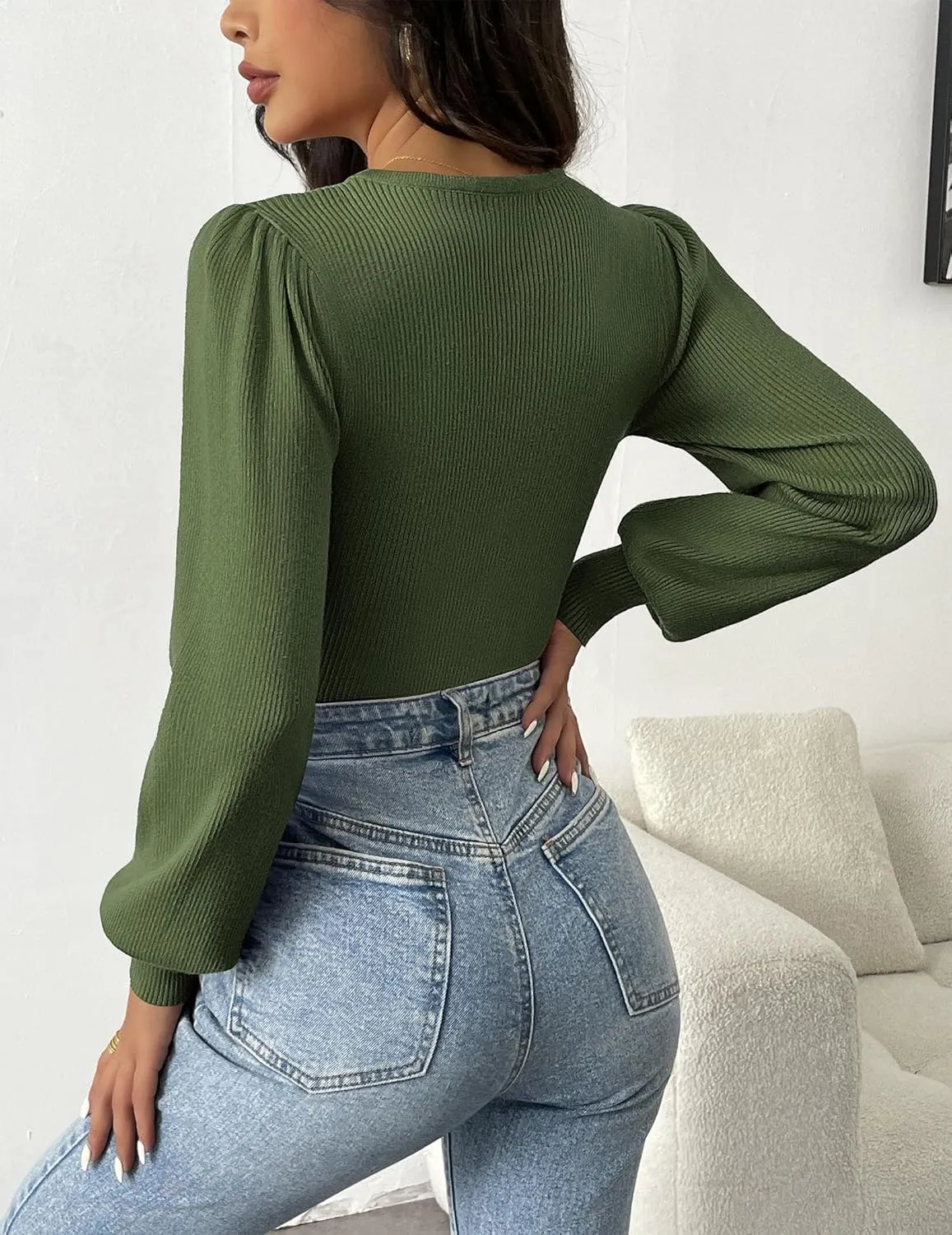 Zeagoo Women Long Puff Sleeve Sweater Slim Fit Ribbed Knit Bodysuit