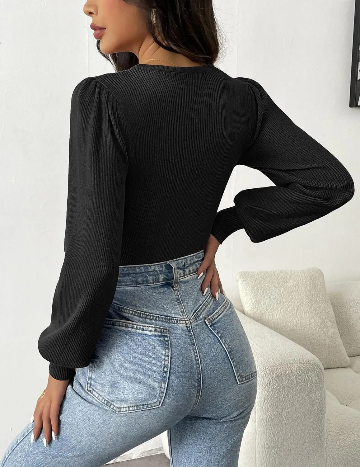 Zeagoo Women Long Puff Sleeve Sweater Slim Fit Ribbed Knit Bodysuit