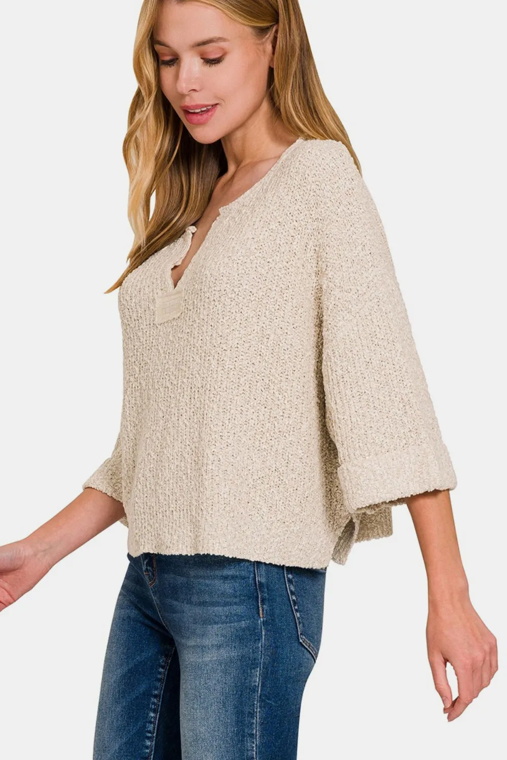 ZENANA Sand Beige Notched Side Slit Patch Sweater