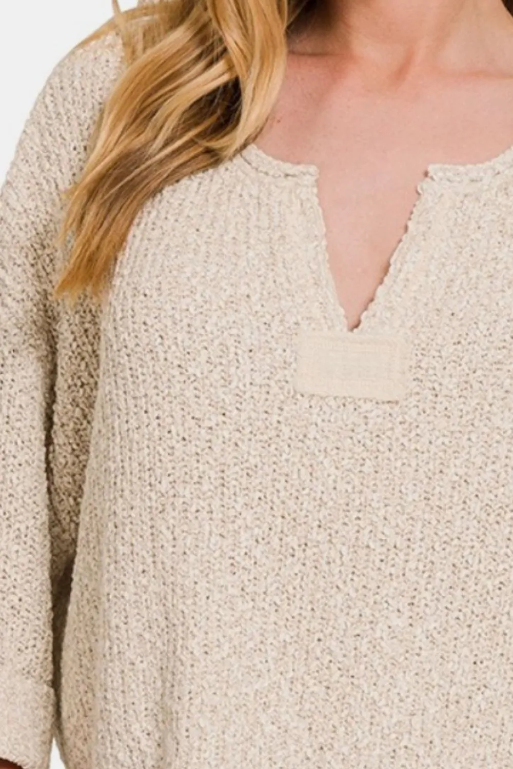 ZENANA Sand Beige Notched Side Slit Patch Sweater