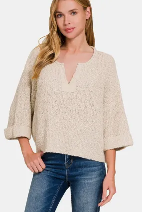 ZENANA Sand Beige Notched Side Slit Patch Sweater